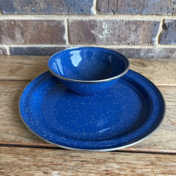 Blue Speckled Enamelware 2 Piece Set Tin Metal Camping Dishes - Picture 1 of 10